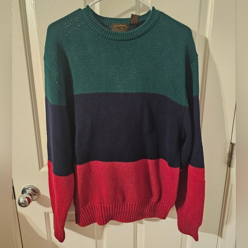Vintage VTG Eddie Bauer color block knit crewneck sweater size L Christmas
